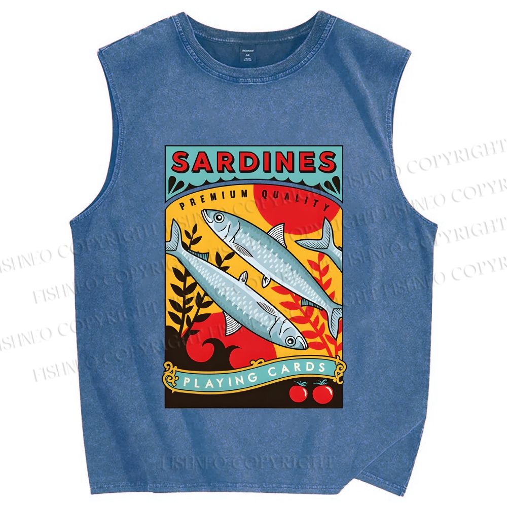 Unisex Sardine Fish Playing Cards Printed Washed Tank Top