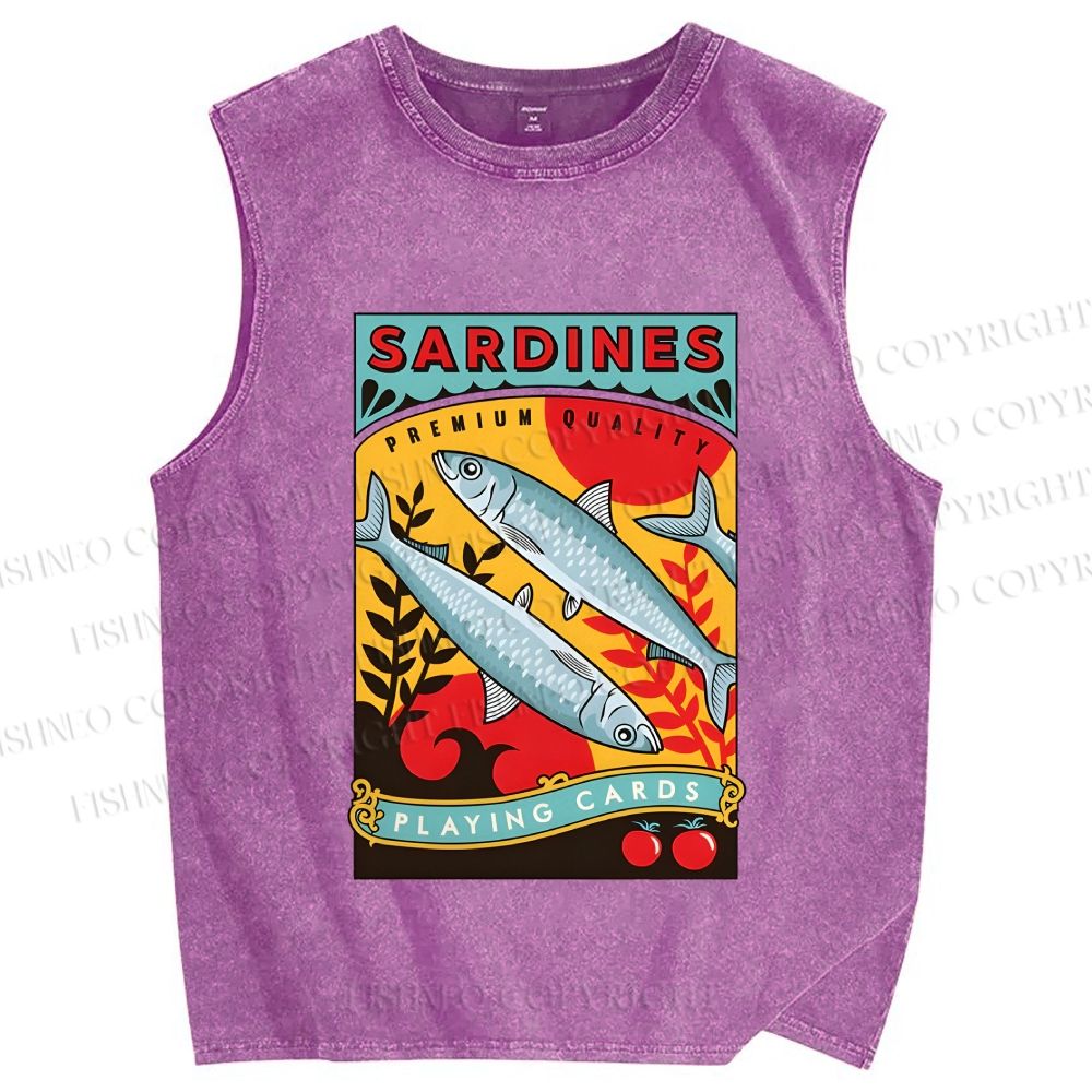 Unisex Sardine Fish Playing Cards Printed Washed Tank Top