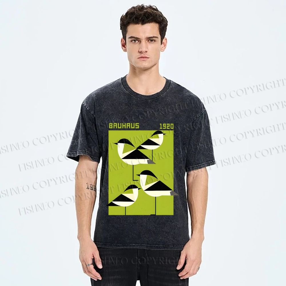 Unisex Bauhaus Geometric Birds Printed Washed Tee