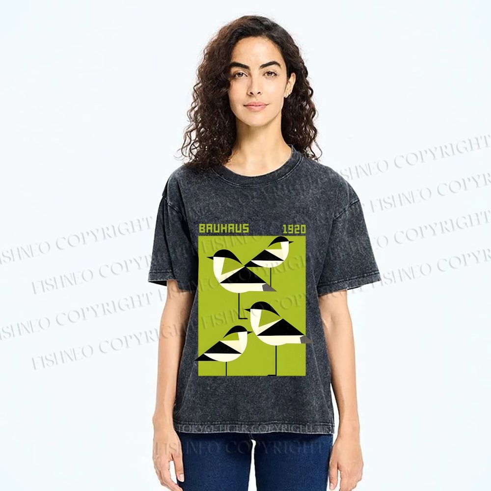 Unisex Bauhaus Geometric Birds Printed Washed Tee