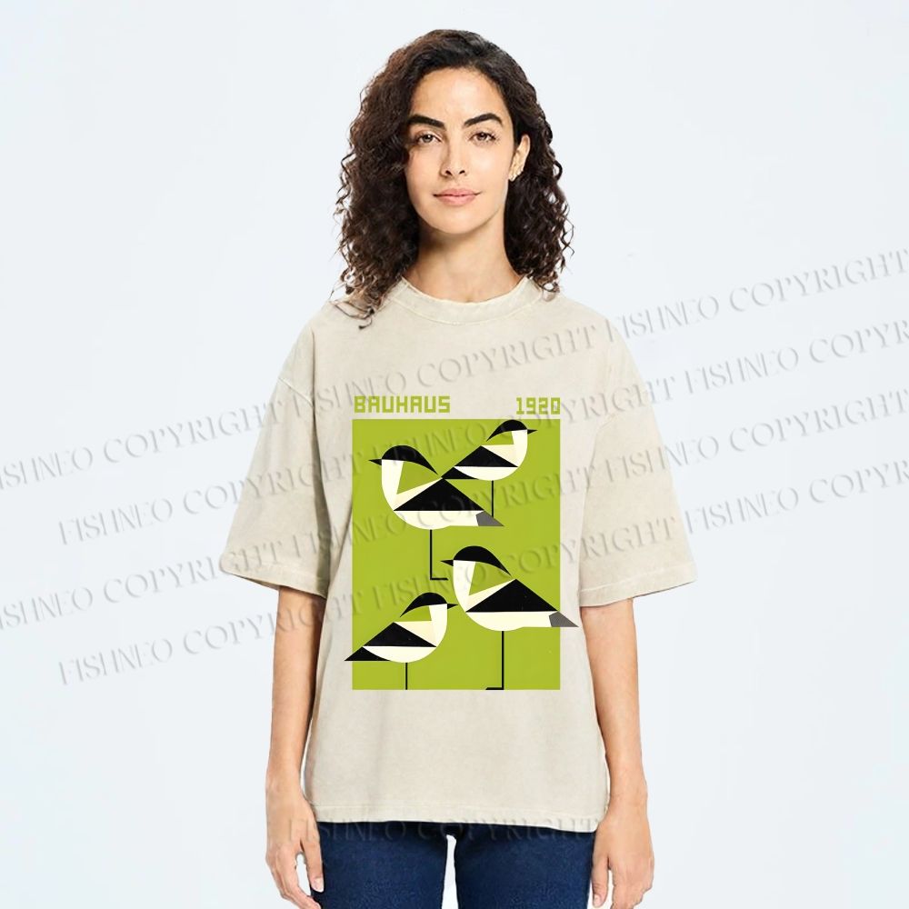 Unisex Bauhaus Geometric Birds Printed Washed Tee