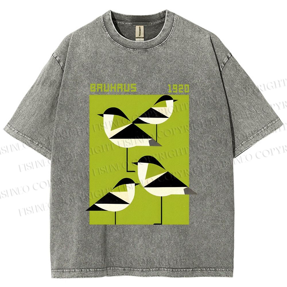 Unisex Bauhaus Geometric Birds Printed Washed Tee