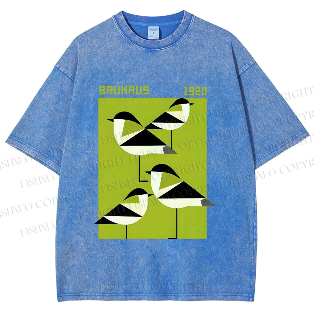 Unisex Bauhaus Geometric Birds Printed Washed Tee