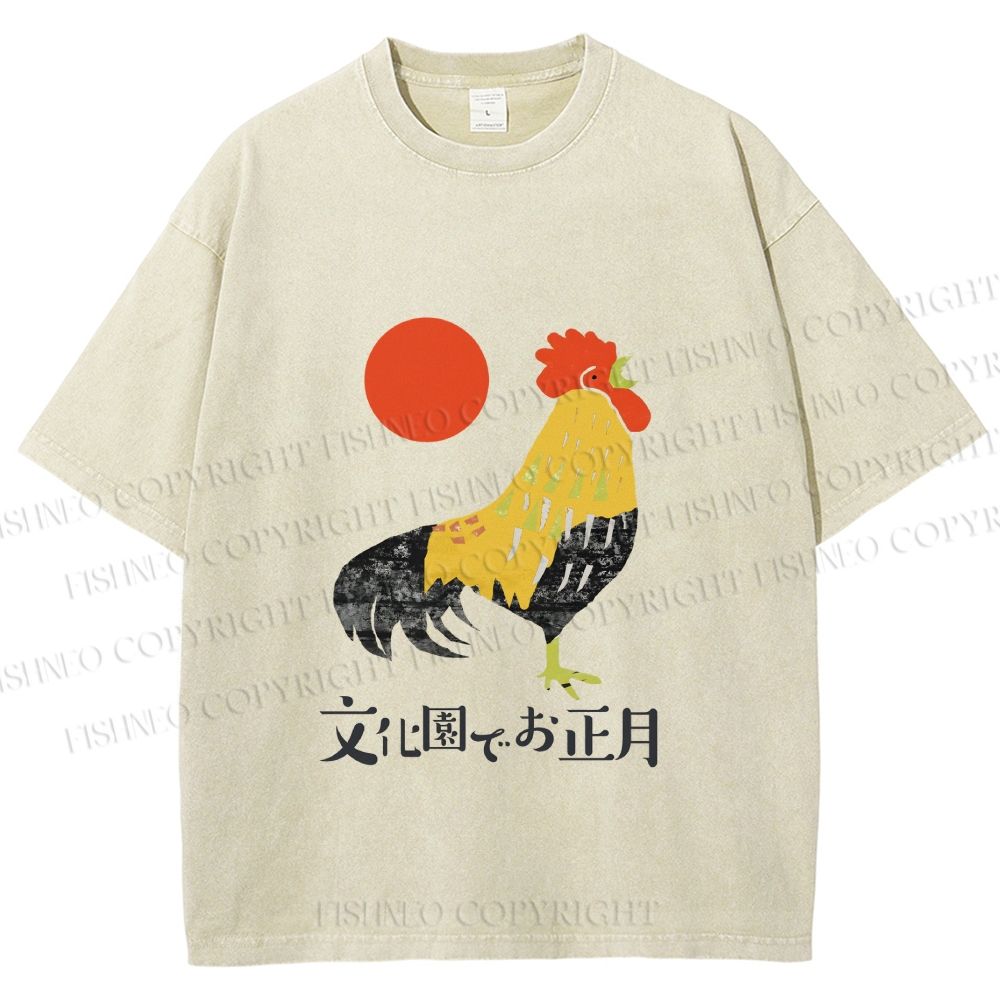 Unisex Vintage Japanese Rooster Printed Washed Tee
