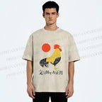 Unisex Vintage Japanese Rooster Printed Washed Tee