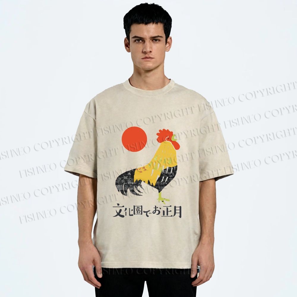 Unisex Vintage Japanese Rooster Printed Washed Tee