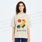 Unisex Vintage Japanese Rooster Printed Washed Tee