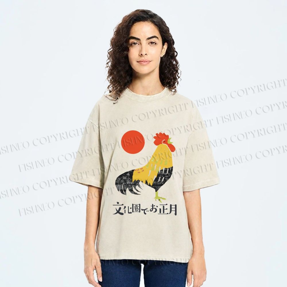 Unisex Vintage Japanese Rooster Printed Washed Tee