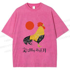 Unisex Vintage Japanese Rooster Printed Washed Tee