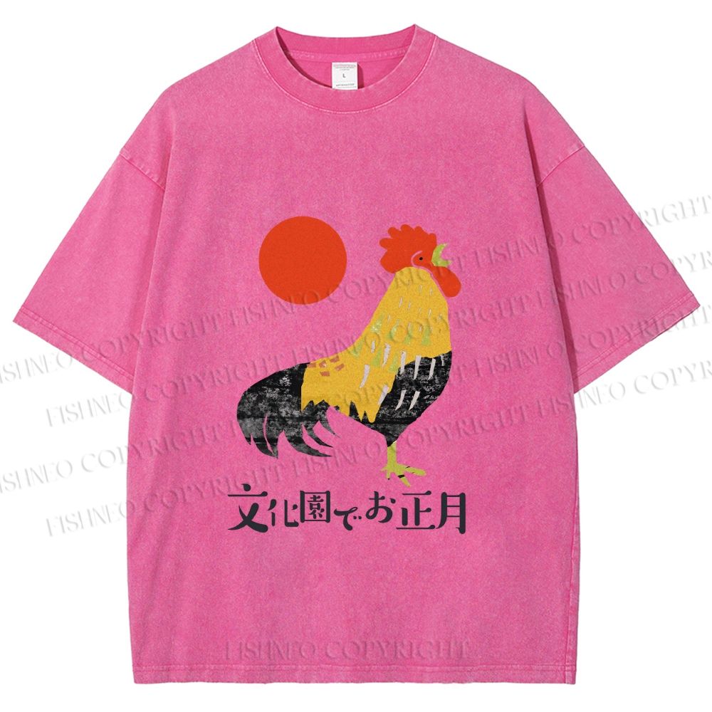 Unisex Vintage Japanese Rooster Printed Washed Tee