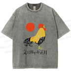 Unisex Vintage Japanese Rooster Printed Washed Tee
