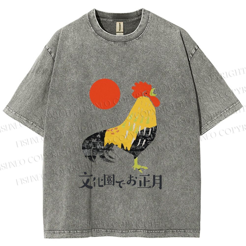 Unisex Vintage Japanese Rooster Printed Washed Tee