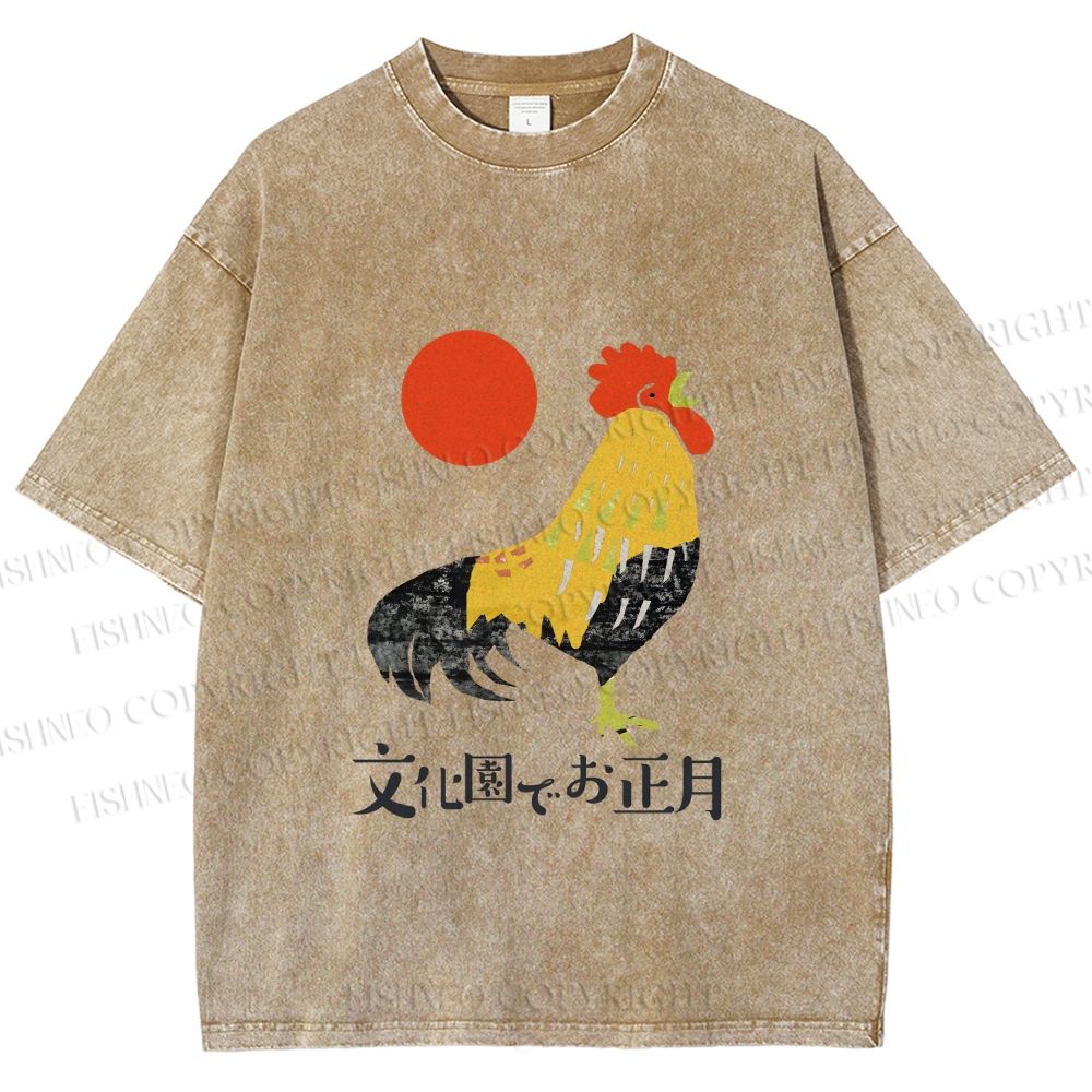 Unisex Vintage Japanese Rooster Printed Washed Tee