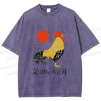 Unisex Vintage Japanese Rooster Printed Washed Tee