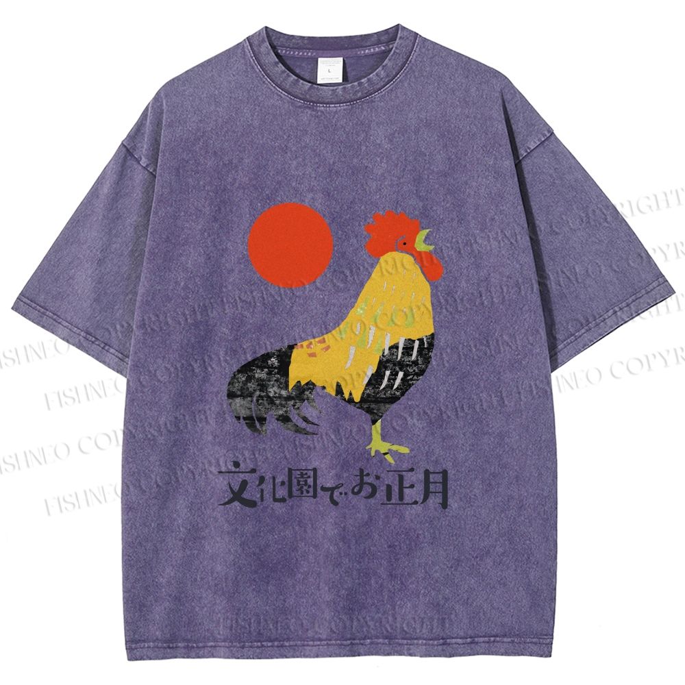 Unisex Vintage Japanese Rooster Printed Washed Tee