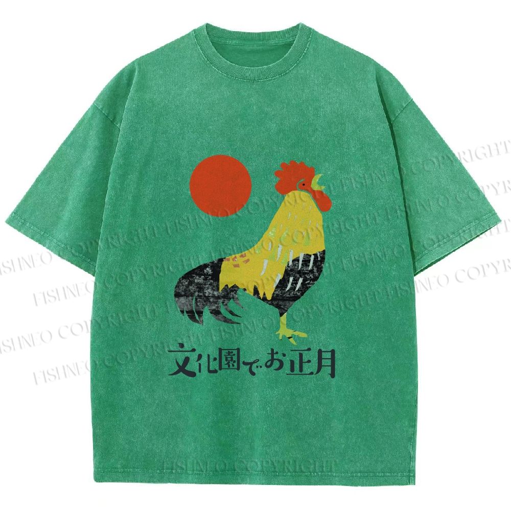 Unisex Vintage Japanese Rooster Printed Washed Tee