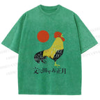 Unisex Vintage Japanese Rooster Printed Washed Tee