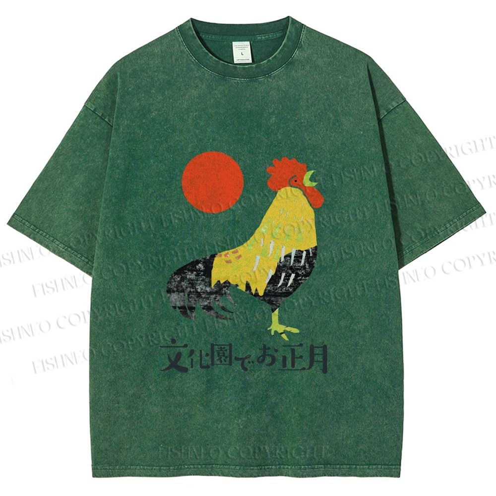 Unisex Vintage Japanese Rooster Printed Washed Tee