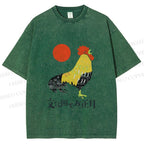 Unisex Vintage Japanese Rooster Printed Washed Tee