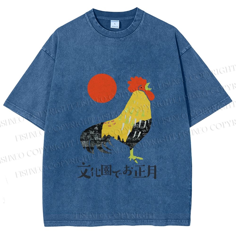 Unisex Vintage Japanese Rooster Printed Washed Tee