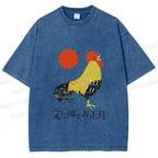 Unisex Vintage Japanese Rooster Printed Washed Tee