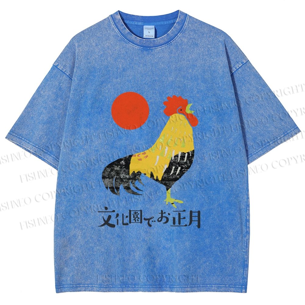 Unisex Vintage Japanese Rooster Printed Washed Tee