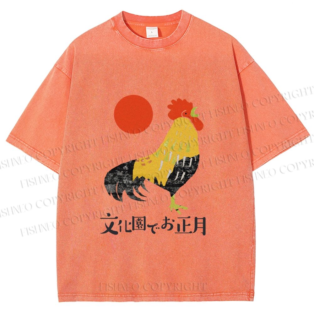Unisex Vintage Japanese Rooster Printed Washed Tee
