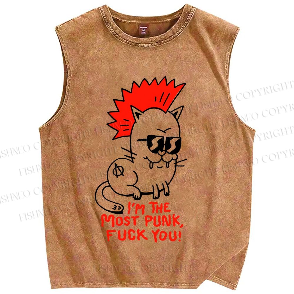 Unisex Punk Cat Printed Washed Tank Top