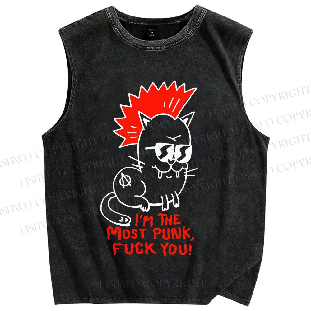 Unisex Punk Cat Printed Washed Tank Top