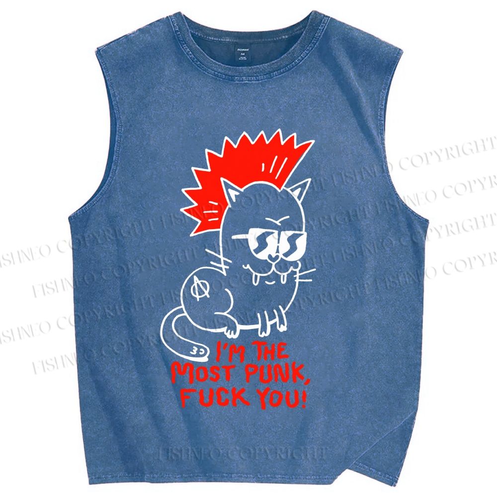 Unisex Punk Cat Printed Washed Tank Top