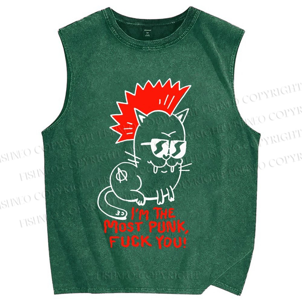 Unisex Punk Cat Printed Washed Tank Top
