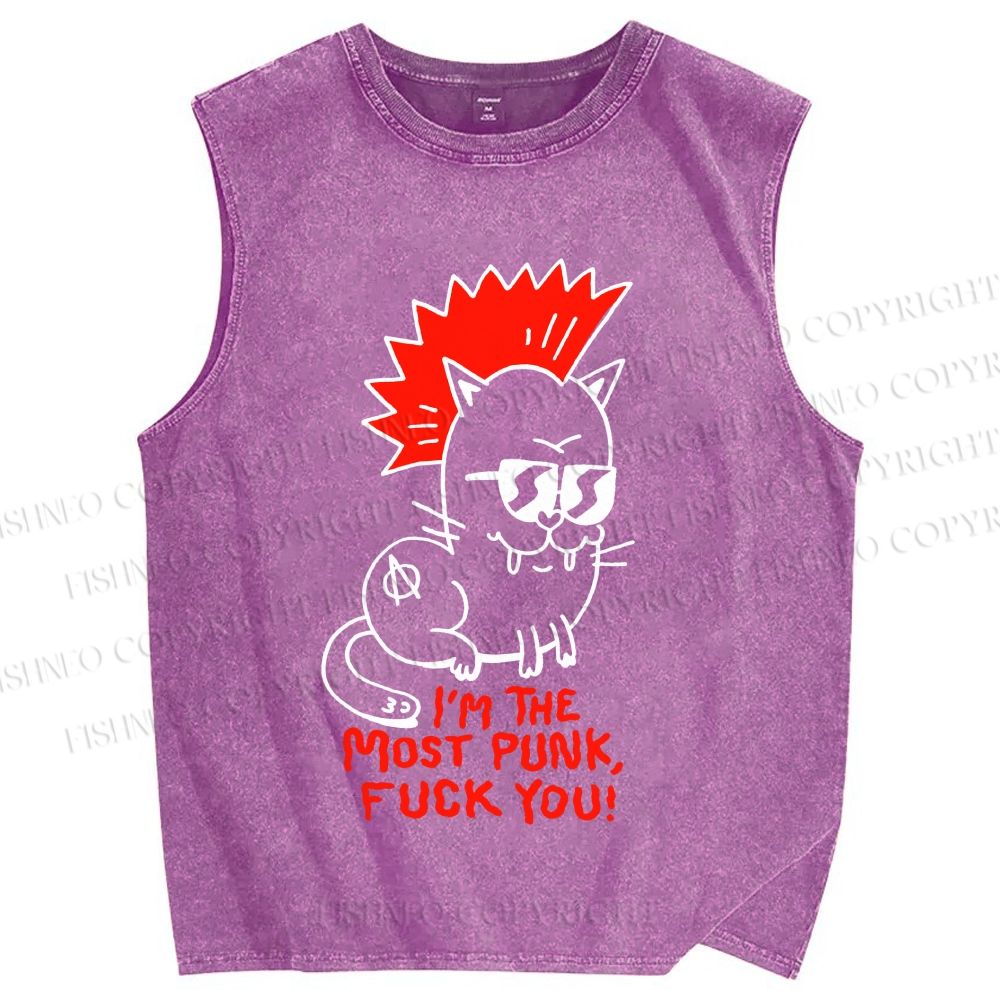 Unisex Punk Cat Printed Washed Tank Top