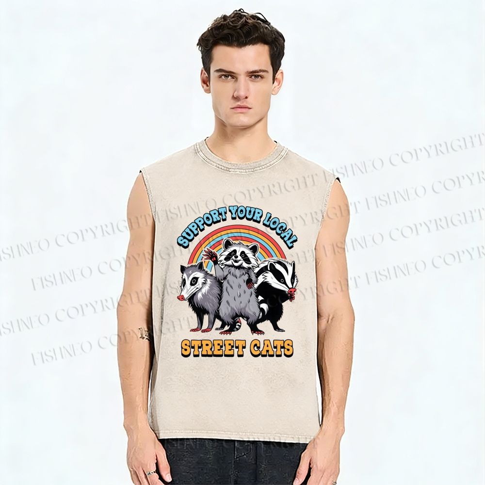 Unisex Support Your Local Street Cats Raccoon Printed Washed Tank Top