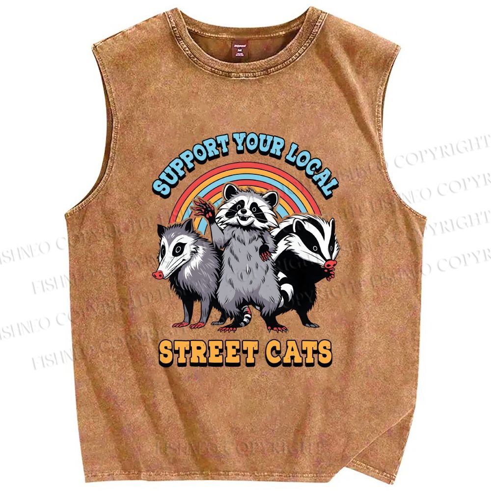 Unisex Support Your Local Street Cats Raccoon Printed Washed Tank Top