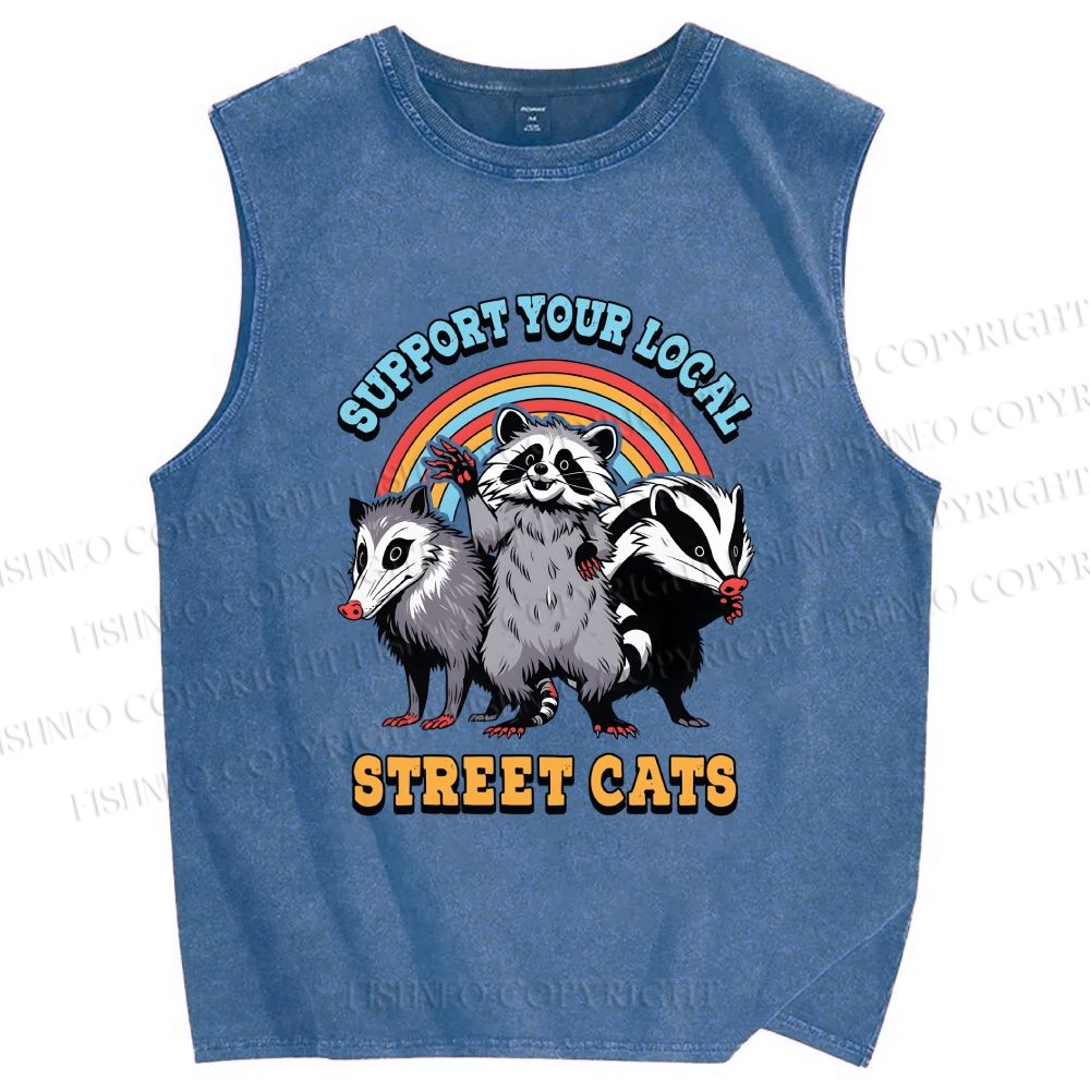 Unisex Support Your Local Street Cats Raccoon Printed Washed Tank Top