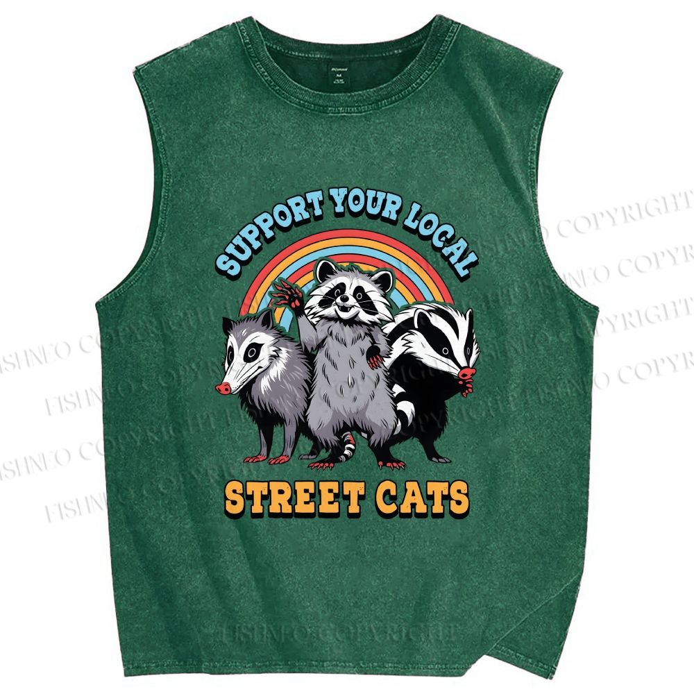 Unisex Support Your Local Street Cats Raccoon Printed Washed Tank Top