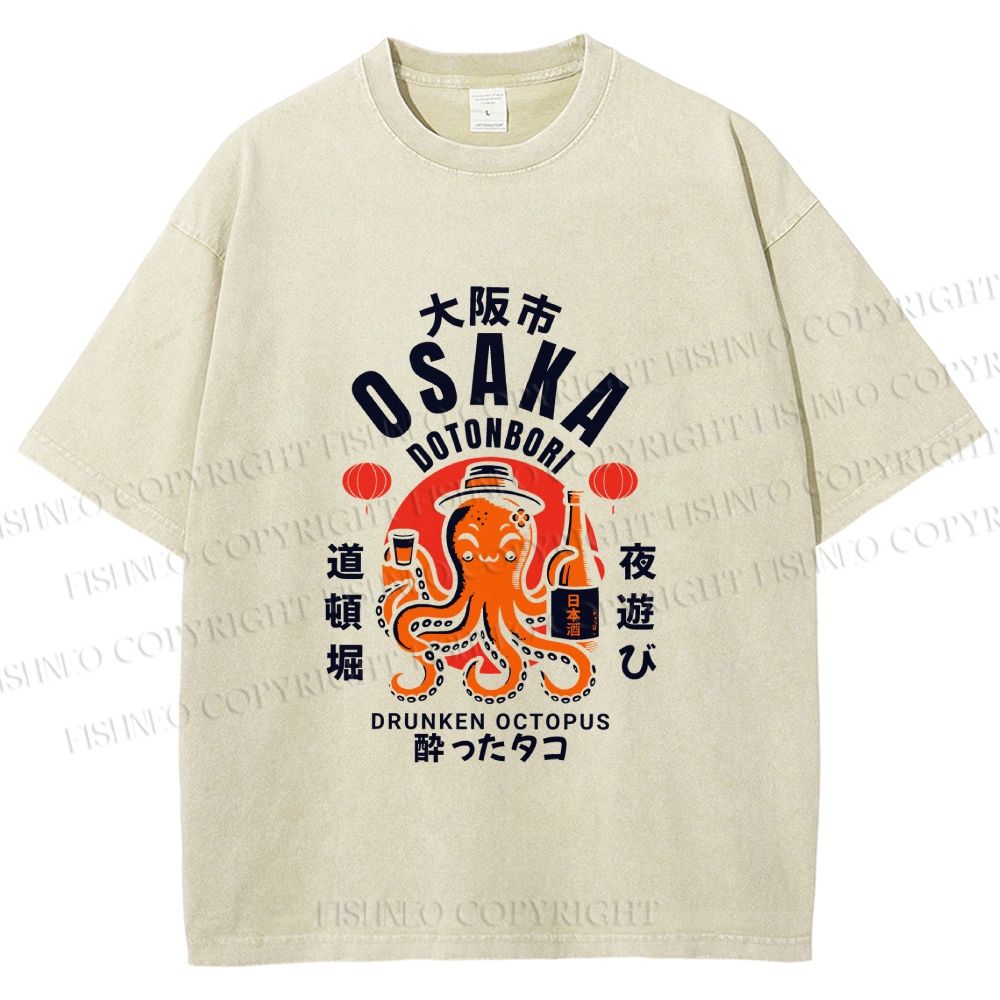 Unisex Osaka Drunken Octopus Printed Washed Tee
