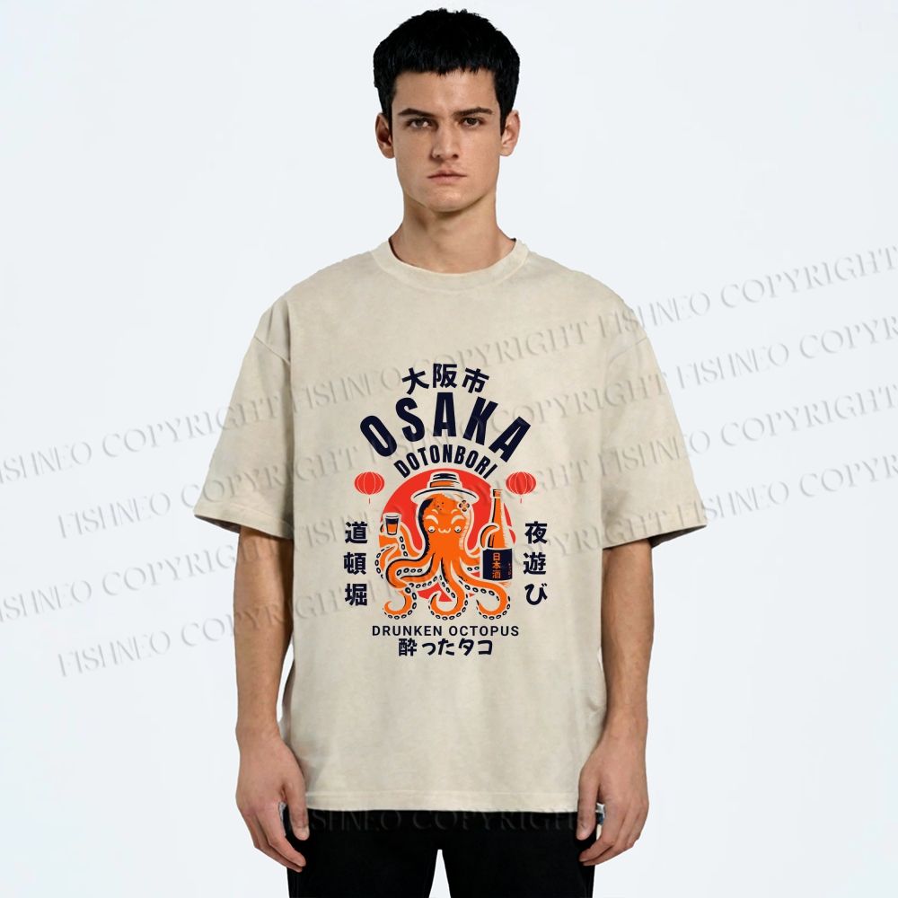 Unisex Osaka Drunken Octopus Printed Washed Tee