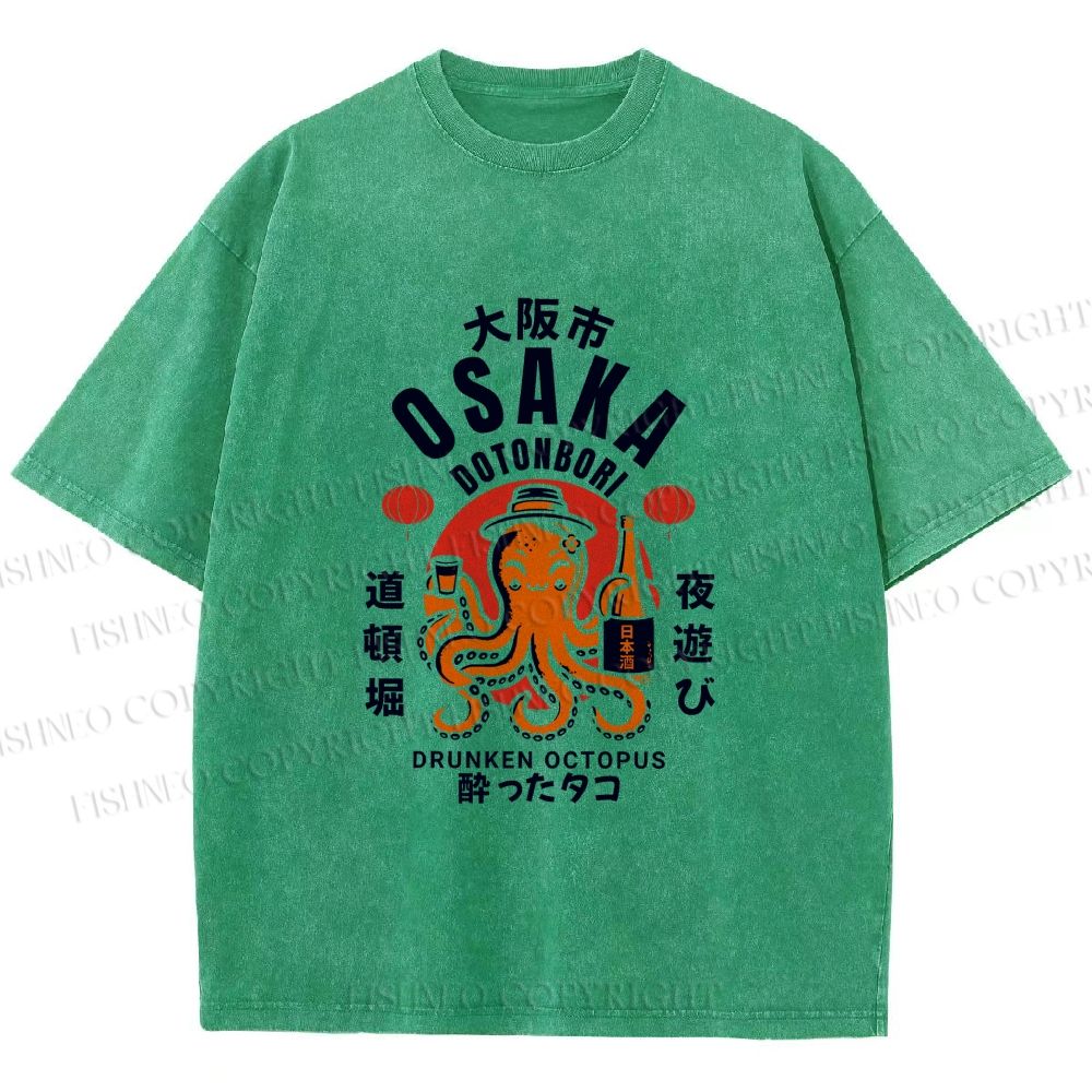 Unisex Osaka Drunken Octopus Printed Washed Tee