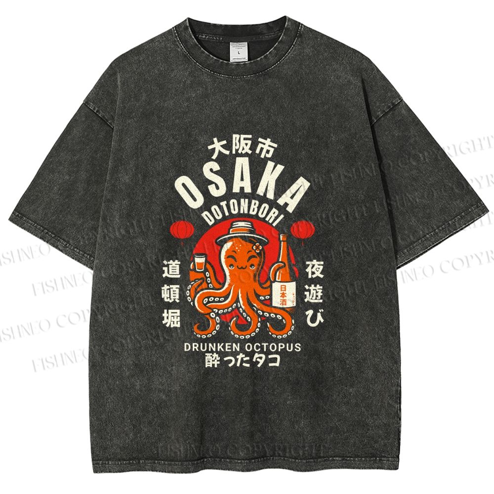 Unisex Osaka Drunken Octopus Printed Washed Tee