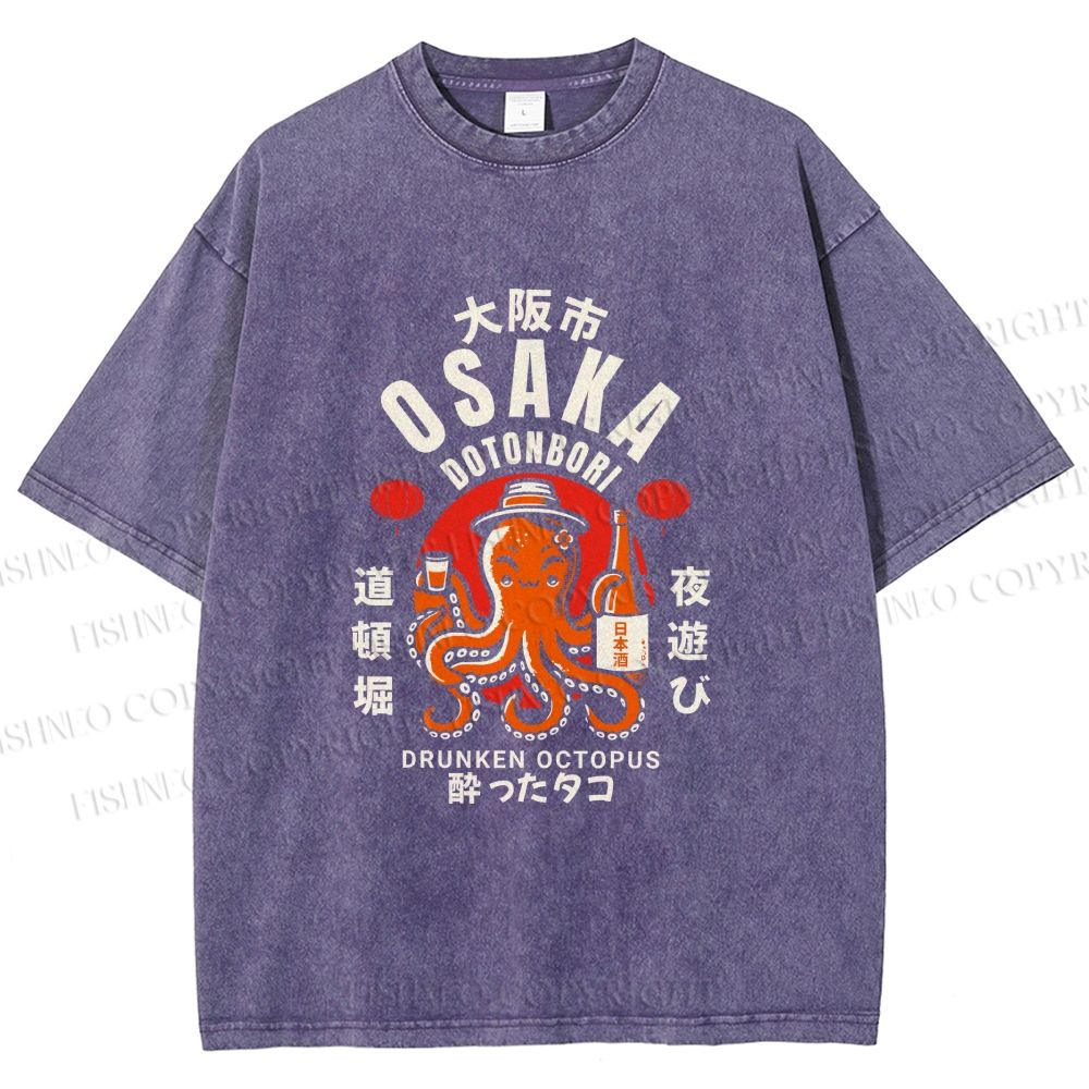 Unisex Osaka Drunken Octopus Printed Washed Tee