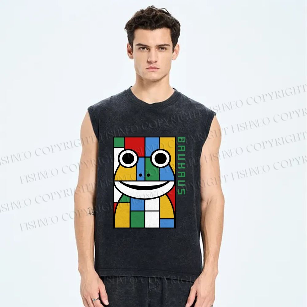 Unisex Bauhaus Frog Printed Washed Tank Top