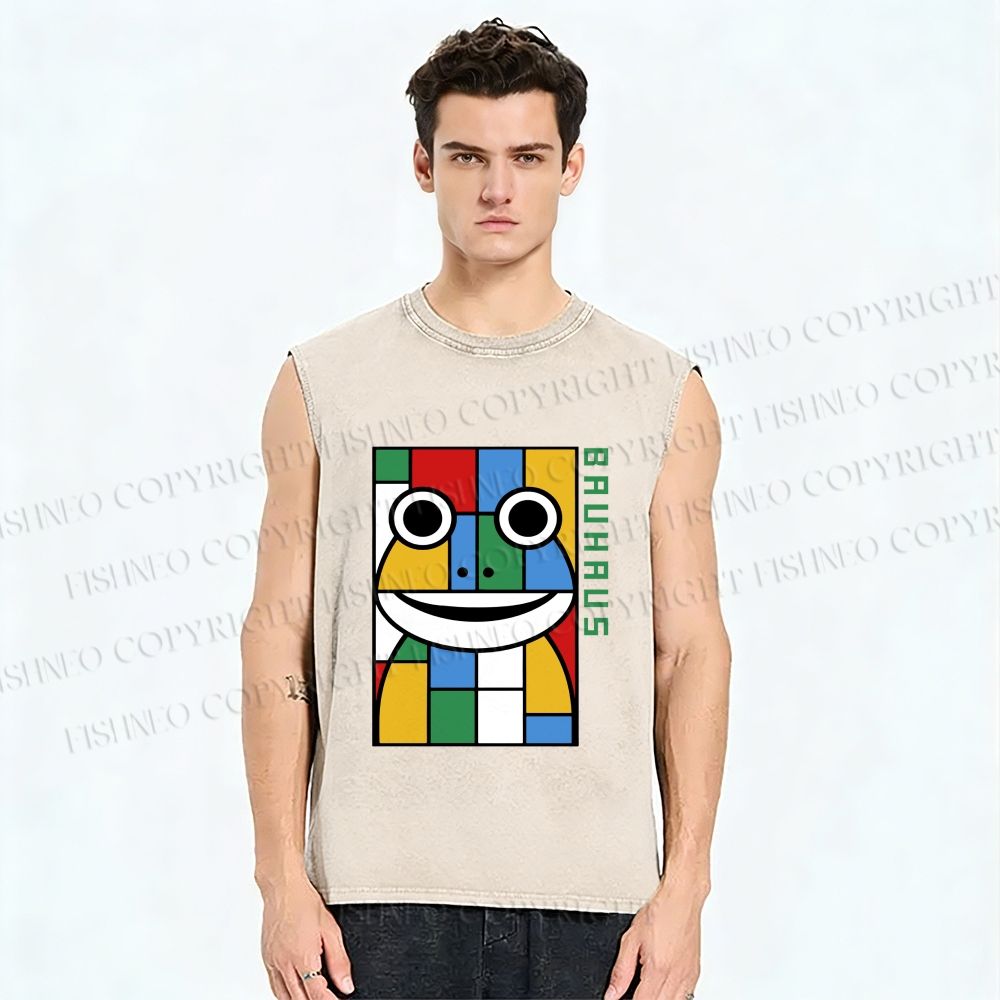 Unisex Bauhaus Frog Printed Washed Tank Top