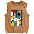 Unisex Bauhaus Frog Printed Washed Tank Top