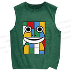 Unisex Bauhaus Frog Printed Washed Tank Top