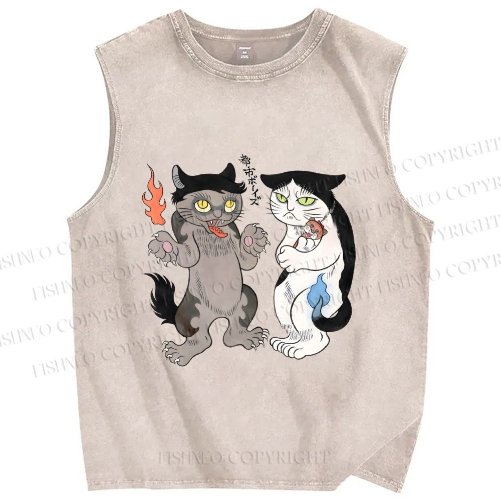 Unisex Ayako Ishiguro Japanese Cats Printed Washed Tank Top