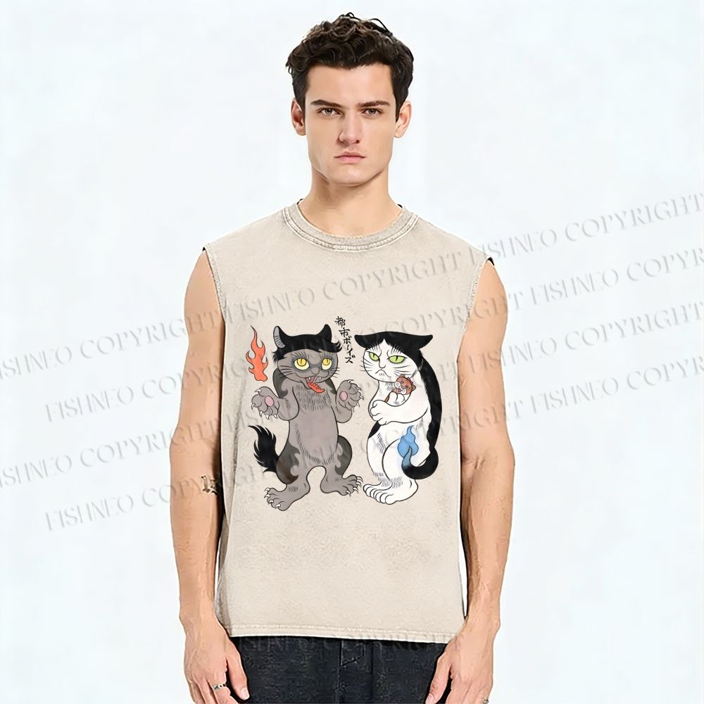 Unisex Ayako Ishiguro Japanese Cats Printed Washed Tank Top