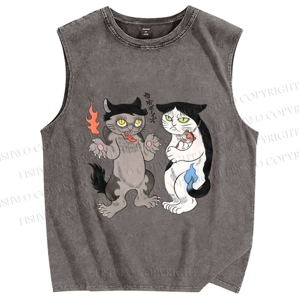 Unisex Ayako Ishiguro Japanese Cats Printed Washed Tank Top