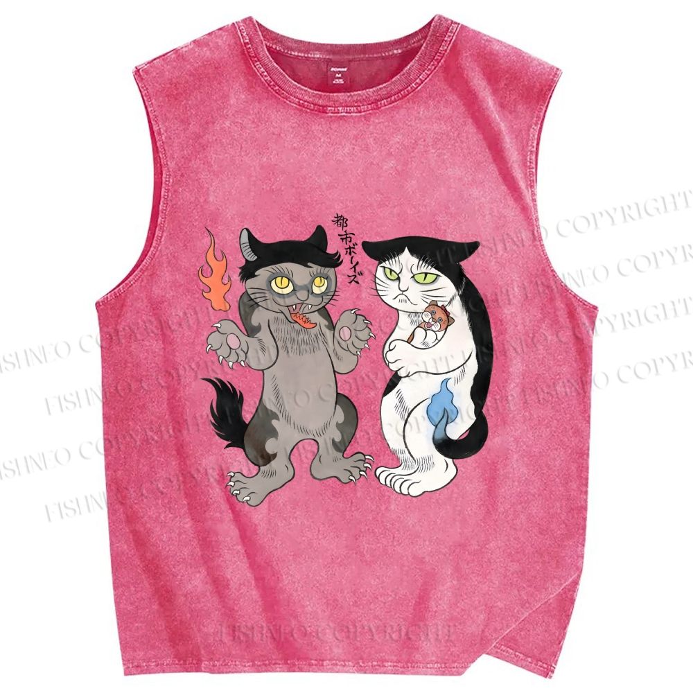 Unisex Ayako Ishiguro Japanese Cats Printed Washed Tank Top