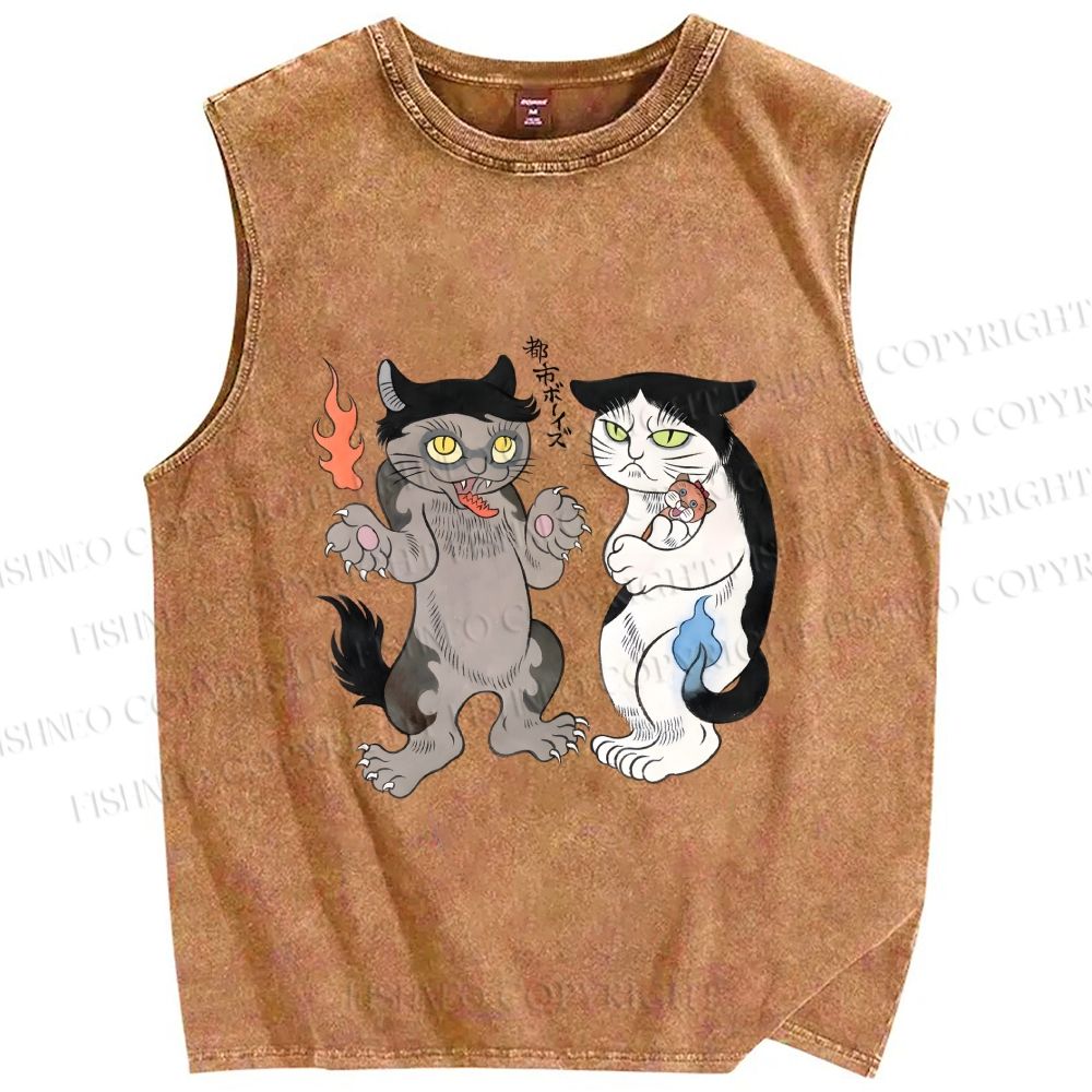 Unisex Ayako Ishiguro Japanese Cats Printed Washed Tank Top